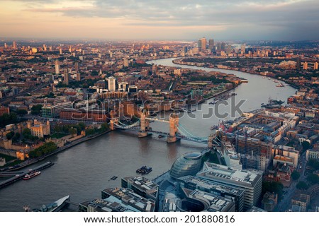 London City Streets and River Thames from above at sun set