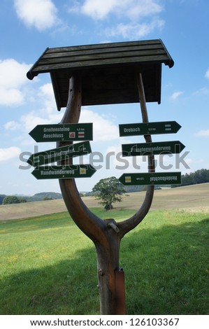 Wooden signpost on a meadow in the Erzgebirge; green signs roofed, sunny day in spring with light and shade/Signpost in the Erzgebirge