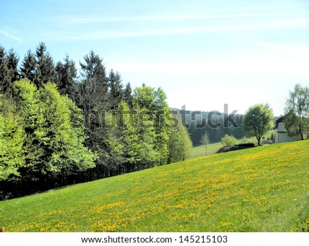 Idyllic landscape in the Erzgebirge in Germany. Rolling hills, spring, woods and meadows/ Landscape in Erzgebirge in spring