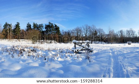 Panorama of a idyllic winter landscape;  bald deciduous trees, conifers and trails in snow; blue sky/Winter panorama