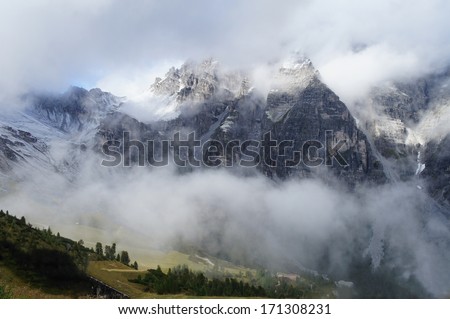 Steep rock walls of the Stubai Alps and veil of clouds; in foreground mountain pines/ Veil of clouds in the high mountains