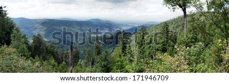 Landscape in the Black Forest in Germany; panoramic view over forests, mountains and valleys; in the Murgtal municipalities and little towns/The Murgtal in the northern Black Forest, Germany