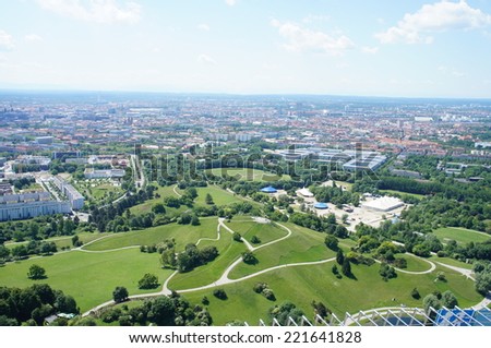 View from the bird\'s-eye over Munich in Germany, Capital of Bavaria, endless sea of houses/ View over Munich, Bavaria