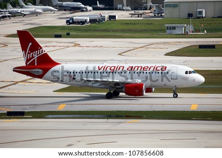 FORT LAUDERDALE, FL - MAY 10: A Virgin America Airbus A319 taxis on May 10, 2012 in Fort Lauderdale, FL. Virgin America is a San Francisco based low-cost carrier with a fleet of 51 Airbus aircraft.