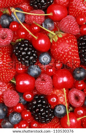 Group of cherries, strawberries, bilberries, red currants, raspberries and blackberries