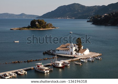 View over the Vlacheraina monastery and mouse island on Corfu in Greece before sunset.