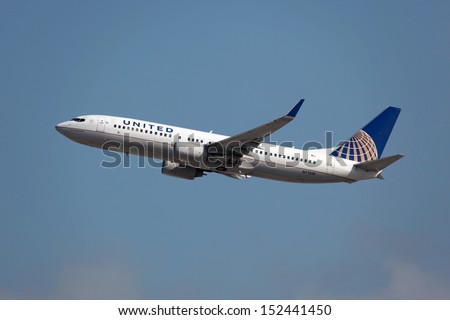 Los Angeles - March 22: A United Airlines Boeing 737-800 Takes Off On March 22, 2013 In Los Angeles. United Airlines Is The World\'S Largest Airline With 706 Planes And 96 Million Passengers In 2011.