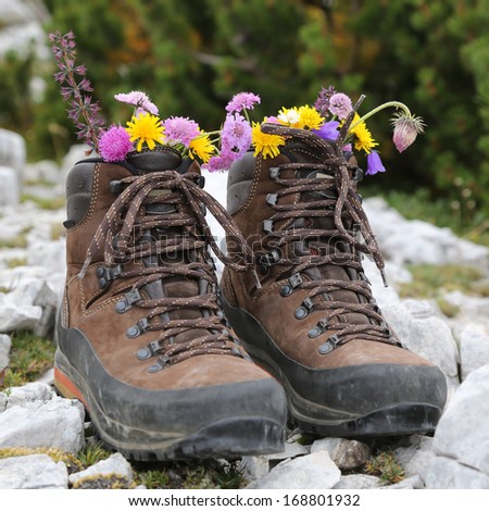 Hiking boots with flowers on a rock in the mountains