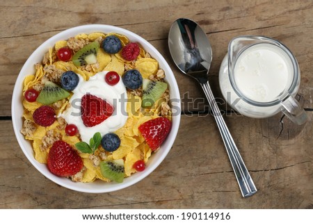 Fruit cereals with yogurt and milk, strawberries, raspberries, kiwi and blueberries from above
