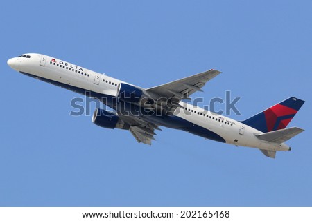 LOS ANGELES - APRIL 18: A Delta Boeing 757 takes off on April 18, 2014 in Los Angeles. Delta Air Lines is the world\'s largest airline with 733 planes and 160 million passengers in 2012.