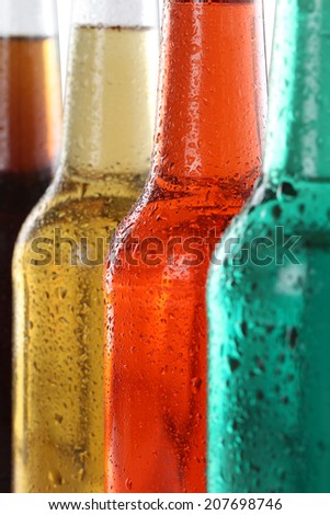 Soda drinks with cola, beer, lemonade and soft drinks in bottles