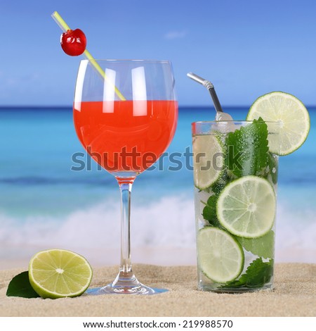 Cocktails and cold drinks on the beach with sand and sea