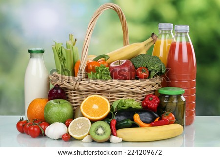Fruits, vegetables, groceries and beverages in a shopping basket