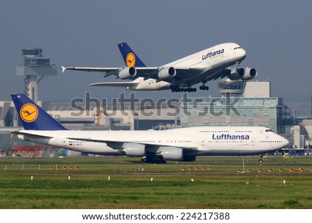 FRANKFURT - SEPTEMBER 17: Lufthansa aircraft taking off on September 17, 2014 in Frankfurt. Lufthansa is the German flag carrier and Europe\'s largest airline. Frankfurt Airport is its biggest hub.