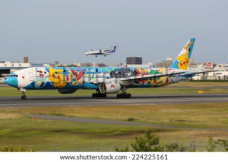 OSAKA, JAPAN - MAY 25: An ANA All Nippon Airways Boeing 777 in Pokemon livery taxis on May 25, 2014 in Osaka. ANA is the largest airline in Japan, headquartered in Tokyo.
