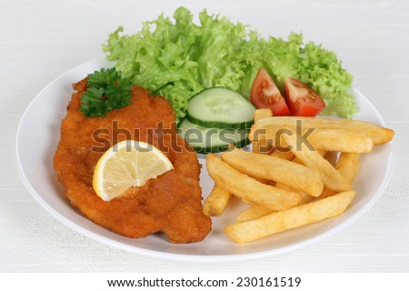 Schnitzel meal with french fries, vegetables, lemon and salad on plate
