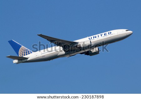 FRANKFURT - SEPTEMBER 17: United Airlines aircraft taking off on September 17, 2014 in Frankfurt. United Airlines is headquartered in Chicago, Illinois.