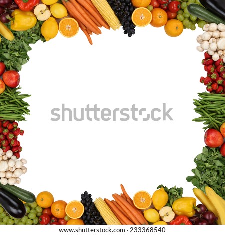 Frame from fruits and vegetables like apples and oranges isolated with copyspace