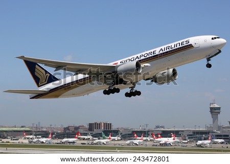ISTANBUL - MAY 15: A Singapore Airlines Boeing B777 takes off on May 15, 2014 in Istanbul. Singapore Airlines is the national airline of Singapore with some 106 planes in operation.
