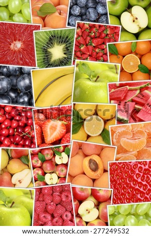 Vegan and vegetarian fruits background with apples, oranges, lemons, banana and strawberry