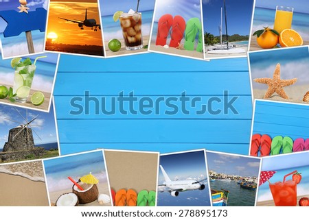 Frame with photos from summer vacation, drinks, beach, holiday and copyspace on wooden board