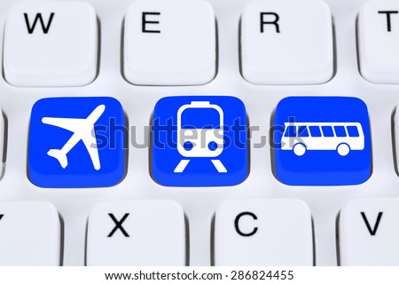Book a trip travel online on internet computer with bus, airplane or train
