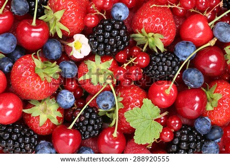 Berry fruits background with strawberries, blueberries, red currants, cherries, raspberries and blackberries