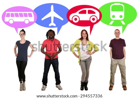 Smiling group of young people choosing bus, train, car or plane