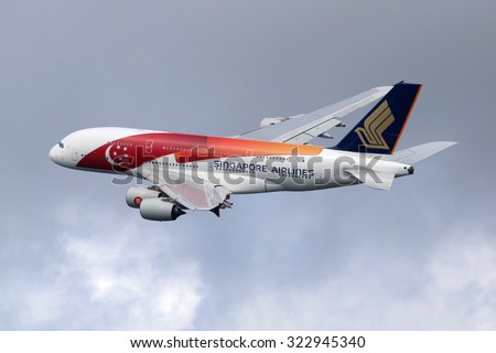 LONDON - AUGUST 28: A Singapore Airlines Airbus A380 taking off on August 28, 2015 in London. Singapore Airlines is the flag carrier airline of Singapore.