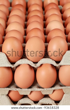 Many brown eggs in boxes. The focus is on the eggs in the first row.