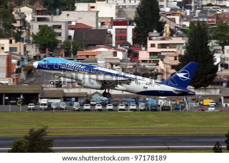 QUITO, ECUADOR - JUNE 16, 2011: A TAME Airbus A320 jet airliner takes off on June 16, 2011 in Quito, Ecuador. TAME is the national airline of Ecuador, it operates with 9 jet airliners.