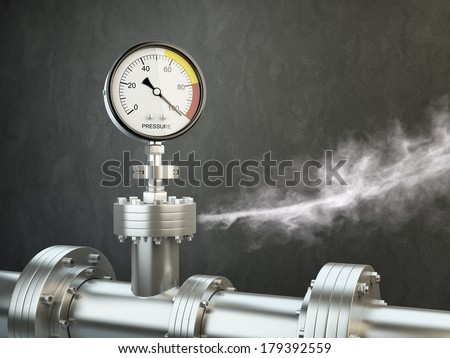 Gas or steam leaking from an industrial pressure gauge.
