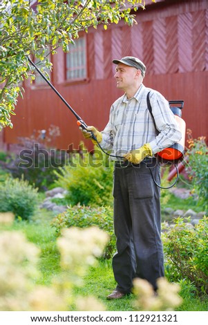 adult man spraying shrubs in the garden