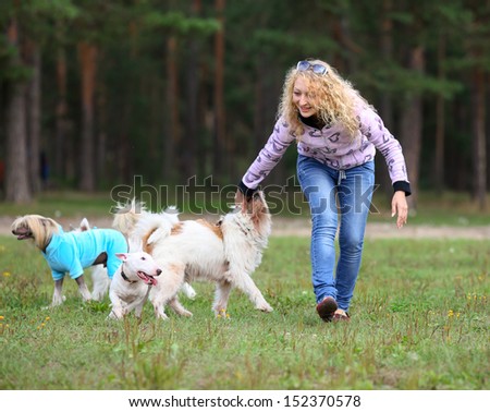 woman trains dogs in the park
