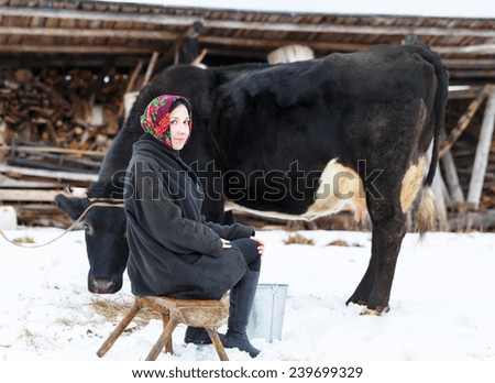Farmer woman in traditional Russian dress milking a cow