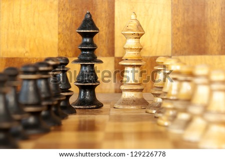 Chess pawns in rows with white and black  kings in center