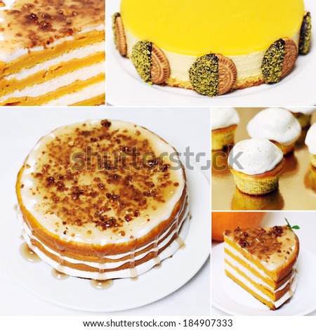 Collage of colorful images yellow white delicious cakes with walnuts, pumpkin and honey