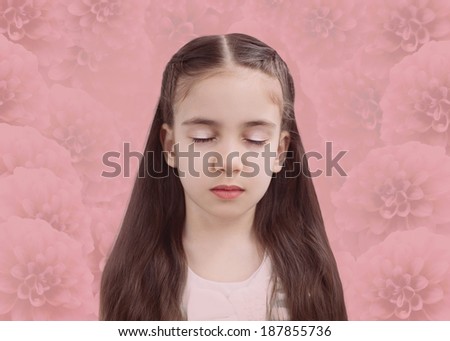 Charming kid girl beautiful portrait. Pink dahlias on background. Five years old. Leave me alone, melancholic picture.