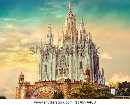 Church Of The Sacred Heart Of Jesus,Located On The Summit Of Mount Tibidabo In Barcelona, Catalonia, Spain