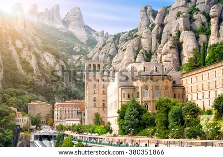 Barcelona, Spain Montserrat Monastery, Santa Maria de Montserrat is a Benedictine abbey located on the mountain of Montserrat nearby from Barcelona.