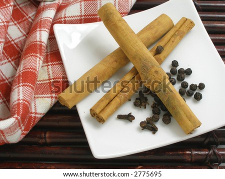 Cinnamon sticks with cloves and black peppercorns  in a square plate