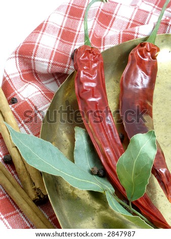 Cinnamon sticks, dried chili and bay leaves displayed on a coper scale tray