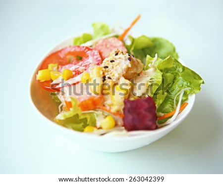 Fresh Vegetable and Grain Salad in White Bowl with Retro Filter.