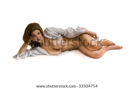 stock photo Attractive female model undressed laying on side with mans 