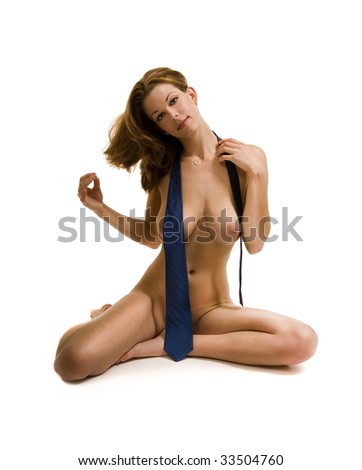 stock photo Attractive female model undressed sitting with mans tie