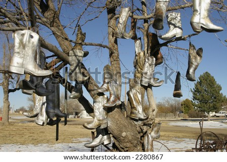 Painted cowboy boots hanging in a tree