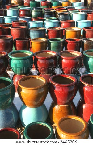 Colorful ceramic pots found in an outdoor market in Santa Fe, NM