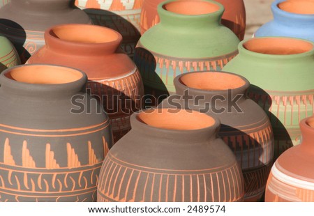 Indian Pottery in an outdoor market in Santa Fe, NM
