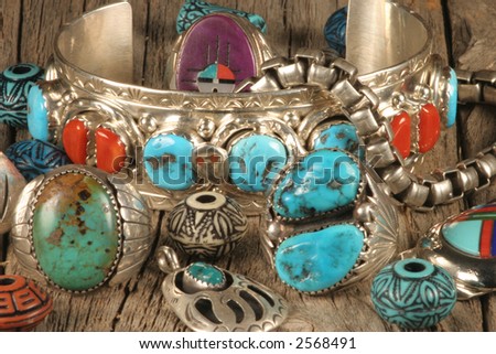 Various pieces of Turquoise and silver jewelry