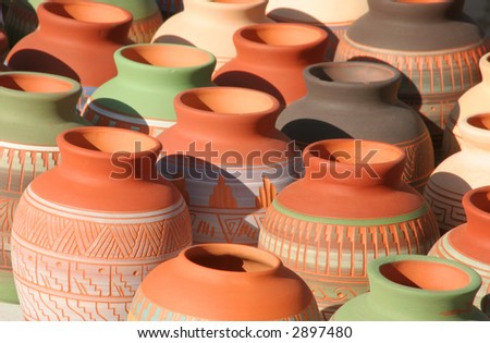 Colorful Native American themed pottery found in an outdoor market in Santa Fe, NM